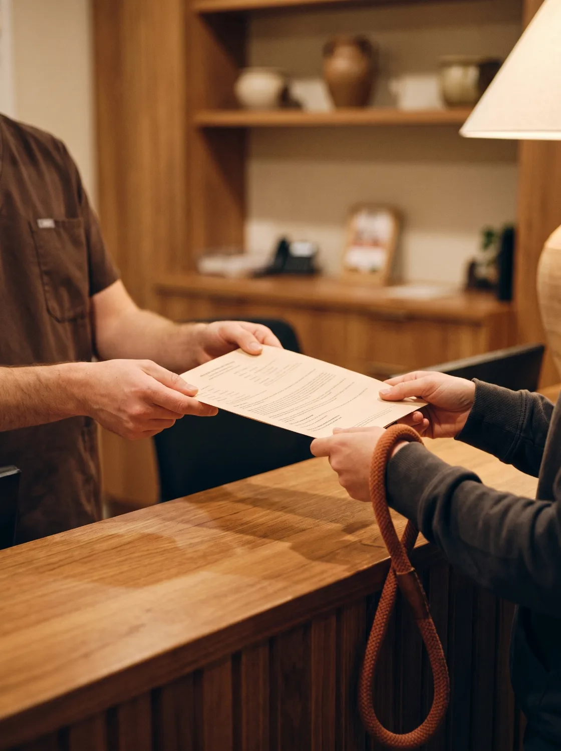 A printed discharge sheet passing across a reception counter, a leash over one wrist